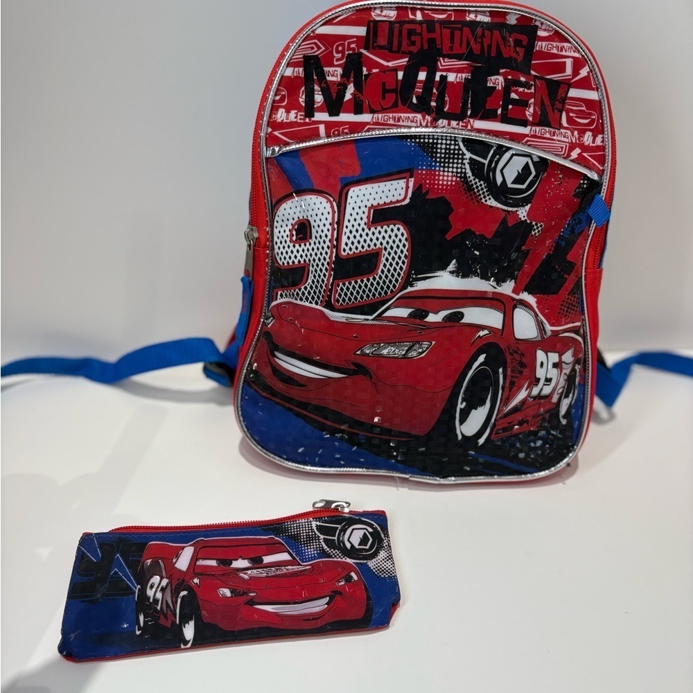Disney Cars Lightning McQueen Kids Backpack + Matching Pencil Case – Red & Blue